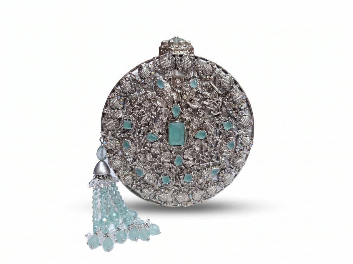 Celeste Silver Embellished Round Clutch