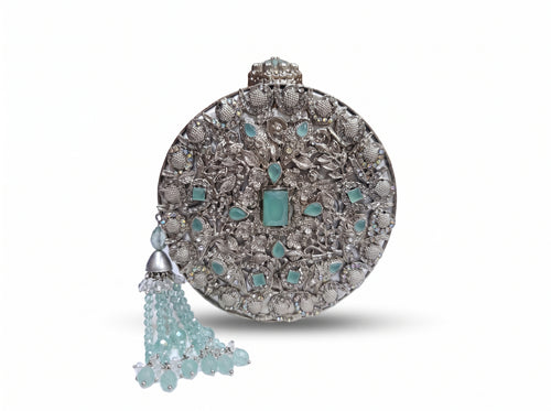 Celeste Silver Embellished Round Clutch
