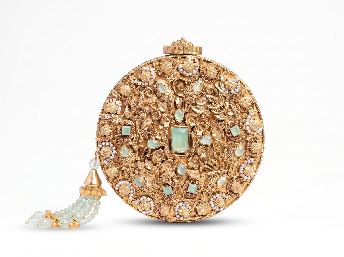 Celeste Gold Embellished Round Clutch