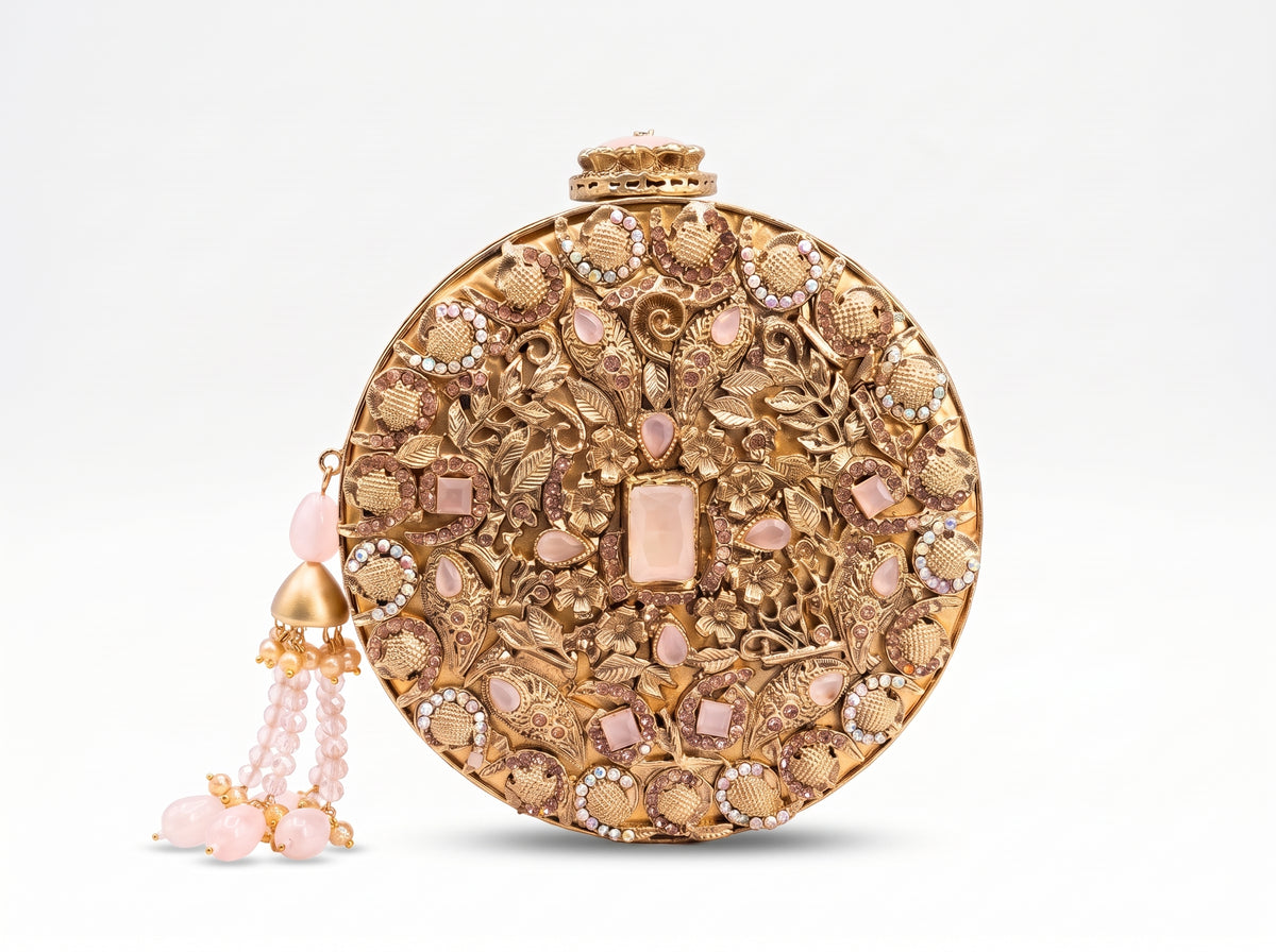 Celeste Gold Embellished Round Clutch