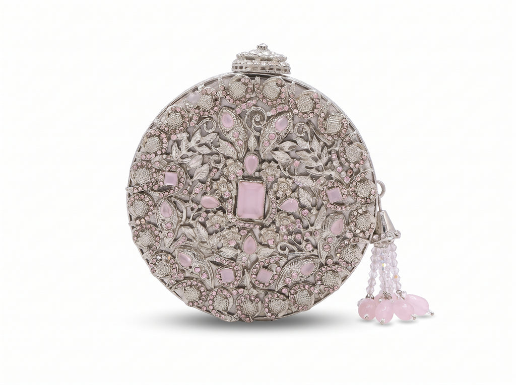 Celeste Silver Embellished Round Clutch